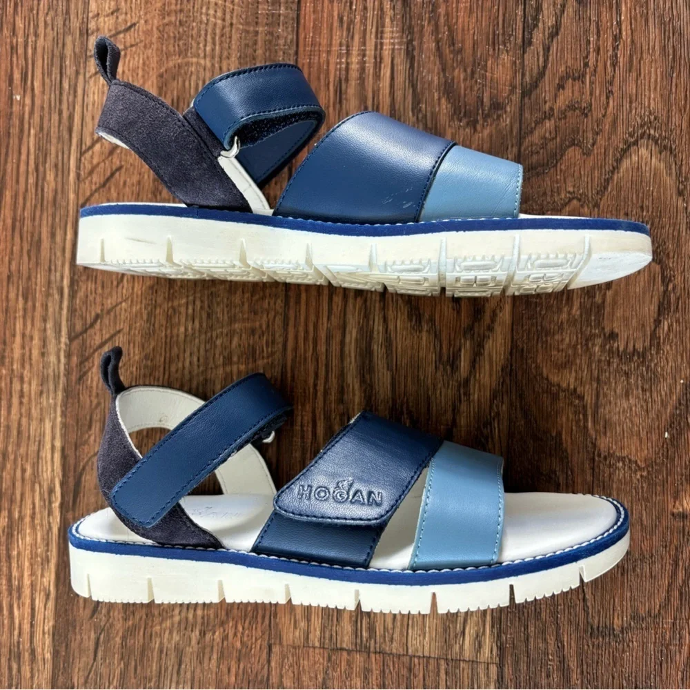 HOGAN Kids' Leather Sandals In Blue Made in Serbia